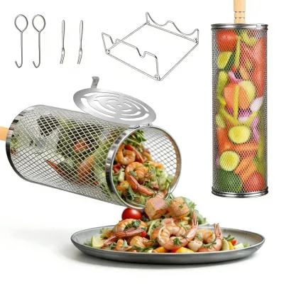 Produktbild von Set aus 2 Grillkörben mit Holzgriffen, ideal für Grillabende und Camping