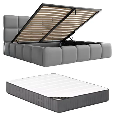 Produktbild von Bett mit Box 140 x 190 cm - Lederstrukturstoff - Grau + Matratze - DAMADO Pascal Morabito