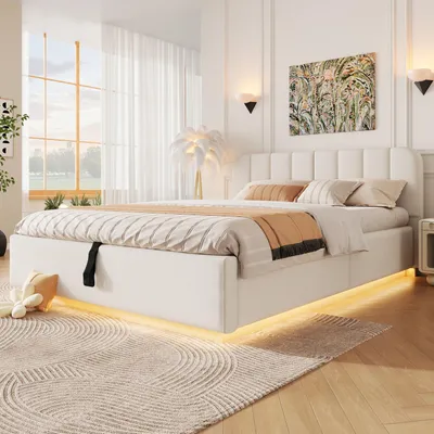 Image de Lit hydraulique capitonné 140x200 cm, revêtement en similicuir, lit double avec espace de rangement hydraulique, lit pour adolescents avec sommier à lattes, tissu en velours, couleur beige