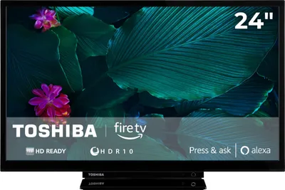 A Toshiba television displaying a nature scene with flowers and large leaves, with branding and feature information overlaid at the bottom.