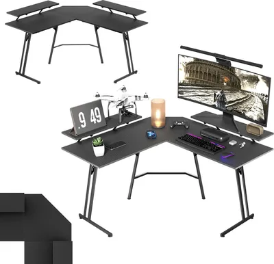 Two L-shaped desks are shown, one assembled and one disassembled, with accessories like a monitor, keyboard, and drone.