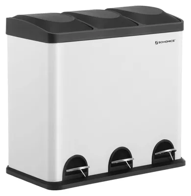 Produktbild von SONGMICS Mülleimer für die Küche, 3*18 Liter, Abfalleimer, Treteimer mit 3 Fächern, Inneneimern und 6 Aufklebern für Mülltrennung, Mülltrennsystem, weiß-schwarz LTB54W