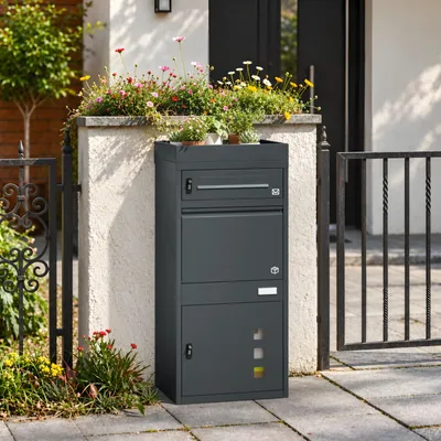 SoBuy Paketbox OGS68-DG in Dunkelgrau vor Hauseingang mit Briefkasten und Blumenkasten