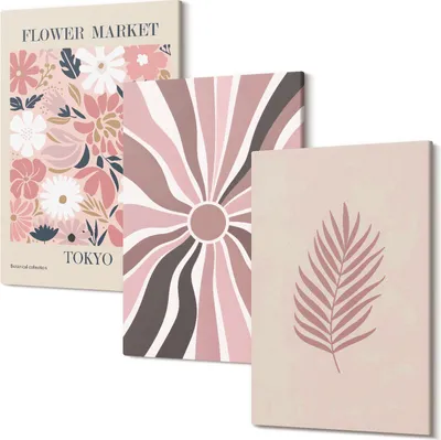 Produktbild von Wandbild – Leinwandbild – Leinwandbilder – Polycanvas – Kunstdruck – Modern – Panorama – Mehrteilig – 3-Teilig Set – Hochwertig – Lichtecht – Geruchslos – 20x30 Cm Je Element - Blumenmuster mit Blättern und geometrischen Formen