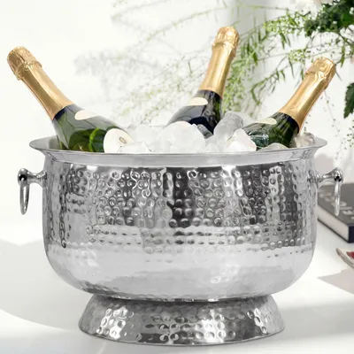 Zdjęcie produktu dla WOHNLING: Chłodziarka do szampana "Hammerschlag", miska do szampana i chłodziarka do butelek o pojemności do 6 butelek szampana, wina, prosecco lub piwa - kolor srebrny