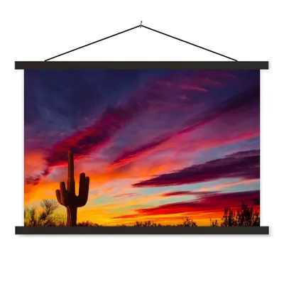 Produktbild von MuchoWow® Textilposter Kaktus - Himmel - Sonnenuntergang - Lila - Rosa 120x80 cm mit schwarzem Rahmen - Wanddeko