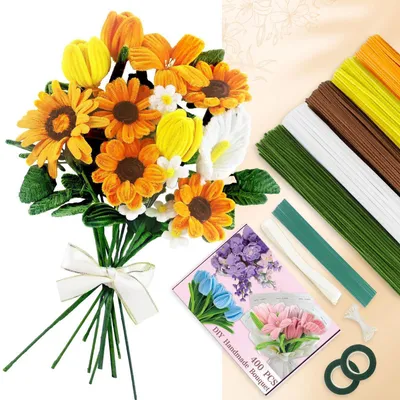 Image de Kit de nettoyage de flûtes, décorations en forme de tournesols, 400 pièces, fil chenille, bouquet de fleurs à réaliser soi-même, décoration, couleur marron