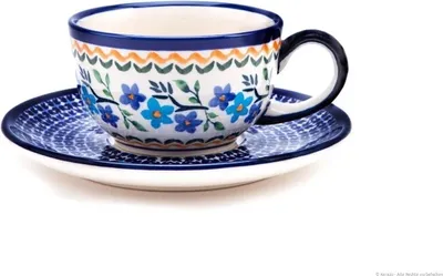 Produktbild von Original Bunzlauer Keramik Kaffeetasse Teetasse Ø9,8 cm klassisch 200 ml mit Unterschale Ø16 cm im Design 1154a