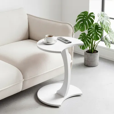 Produktbild von Beistelltisch C-Form Mond, Weiß, Sofatisch mit Rollen, Couchtisch Laptoptisch Couch, 56 x 45 x 35 cm (Weiß, C-Form Mond)
