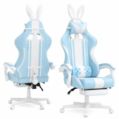 Produktbild von Verdego Gaming-Stuhl, Computerstuhl mit Fußstütze – Schreibtischstuhl mit Hasenohren-Verzierung, Ergonomischer Gaming Sessel, Bürostuhl Hellblau
