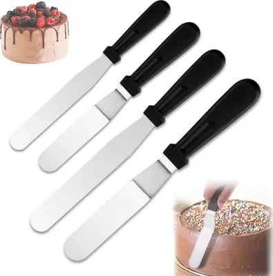 Produktbild von Palettenmesser-Set aus 4 Stück - Wiederverwendbare Tortenheber aus rostfreiem Stahl mit rutschfestem Griff - Ideal für Tortendekoration und Backen - 16/8 Zoll