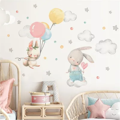 Immagine prodotto di Adesivi murali con un coniglietto, palloncini, nuvole e stelle, decorazioni per la cameretta dei bambini