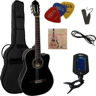 Imagen del producto de Silecomplaza 4/4 - Guitarra con pastilla de sonido - Guitarra clásica en kit - Negra - Con ecualizador de 4 bandas - Incluye funda, correa, cuerdas, 3 púas, afinador ET33B - Modelo CK111