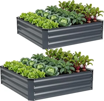 Imagen del producto de Juego de 2 jardineras elevadas para jardín, fabricadas en acero galvanizado para uso en exteriores, ideales para plantar verduras, flores y hierbas, con dimensiones de 120x120x30 cm, color gris