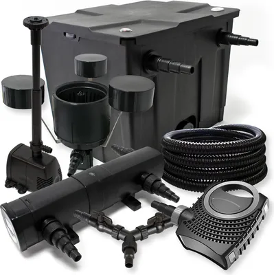 Obrázok produktu pre SunSun kompletná sada: CBF-350 jazierkový filter do 12000 l, CTF-8000 jazierkové čerpadlo 8000 l/h 70 W, CUV-236 jazierkový odkalovač 36 W, 25 m jazierková hadica 25 mm, CSP-250 skimmer 2500 l/h, HJ-943 fontána 800 l/h, Y-rozdeľovač