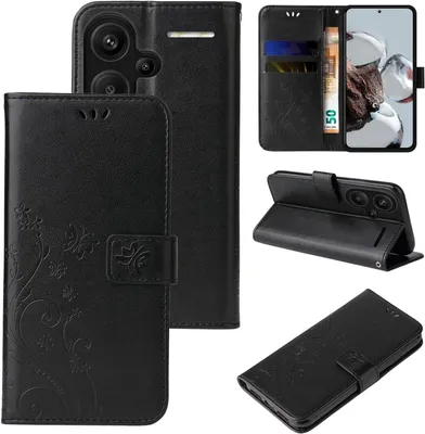 Produktbild von Handyhülle für Xiaomi Redmi Note 13 Pro+ 5G Floral Blumen Schmetterling Flip Cover Hülle Case Klapphülle Handytasche Farbe: Schwarz