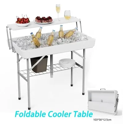 Immagine prodotto di Tavolo refrigerato da esterno - Tavolo pieghevole da giardino e per feste con secchiello del ghiaccio - Acciaio inossidabile - Rettangolare - Per 8 persone - Trasportabile - Bianco