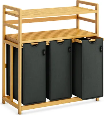 Image de AdelDream Panier à linge 150 l 3 compartiments 2 étagères sac à linge extensible et amovible, collecteur de linge en bambou