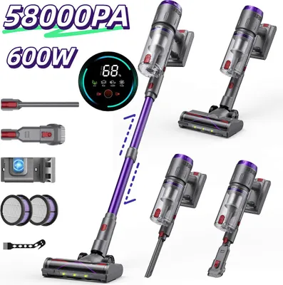 A collage of images showcasing a cordless vacuum cleaner and its accessories, with prominent text highlighting its specifications.