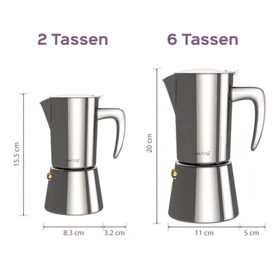 Produktbild von bonVIVO Espresso-Kocher, Maker, Kaffee-Maschine Edelstahl für 2 oder 6 Tassen, Farbe:Chrome
