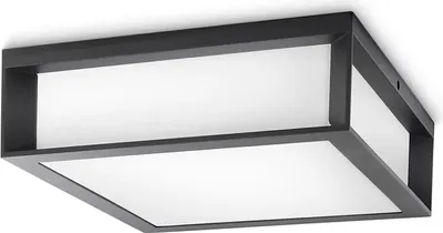 A modern, rectangular outdoor ceiling light with a dark frame and a frosted white diffuser.