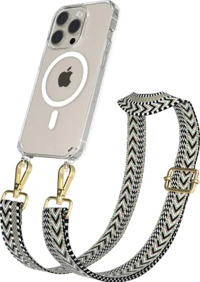 Produktbild von EAZY CASE - Handykette mit MagSafe Hülle für Apple iPhone 15 Pro, Handyband ZigZag Style,Karabiner Gold, Umhängeband in Grün