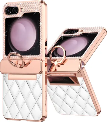 Produktbild von Leder Hülle für Samsung Galaxy Z Flip 5 mit Ringhalterung, Luxus Glitzer Bling Überzug Scharnierschutz Handyhülle Weiß