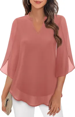 Obrázek produktu pro ASKSA Dámské tričko s výstřihem do V 3/4 rukávu Letní halenka Elegantní jednobarevná příležitostná práce Dvouvrstvé nabírané rukávy (růžová, XXL)