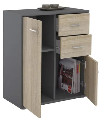 Produktbild von Kommode Highboard Bürokommode mit 2 Schubladen und 2 Türen in grau / Sonoma Eiche