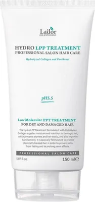 A white tube of Lador Hydro LPP Treatment hair product against a white background.
