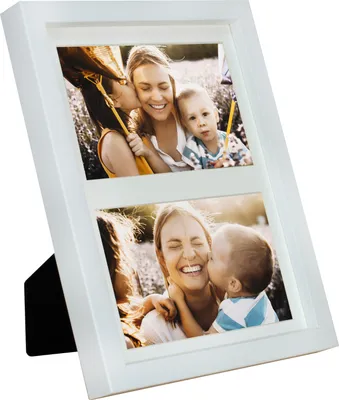 A white multi-photo frame displaying two pictures of a mother and her children.