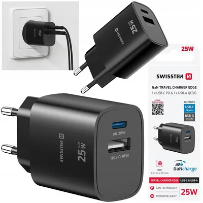 Zdjęcie produktu dla SZYBKA ŁADOWARKA SIECIOWA GaN 1x USB-C 25 W PD 1x USB-A QC SWISSTEN czarna