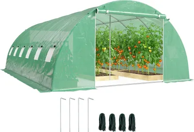Produktbild von Gartengewächshaus - Tunnelgewächshaus - 595×395×199 cm - 2 Stützstangen - Rolltüren - PE-Abdeckung - Verzinkter Stahlrahmen - UV-beständig & wasserdicht - Grün