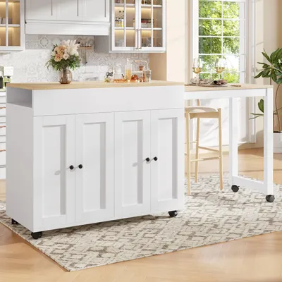 Image de Îlot de cuisine extensible MODFU, de 117 à 180 cm, table extensible pour repas, chariot de cuisine moderne avec 6 compartiments de rangement, chariot de service pour 4 à 6 personnes, blanc