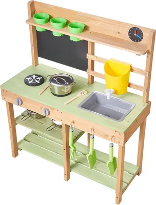 Produktbild von SucceBuy Spielküche für Kinder, Holzspielküche mit Herd, Spüle, Wassertank, Pflanzwerkzeugen, Küchenutensilien, Kiste und Zubehör, Outdoor-Küche für Kinder ab 3 Jahren, 762x324x914 mm