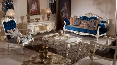 Produktbild von Casa Padrino Luxus Barock Wohnzimmer Set Blau / Braun / Weiß / Gold - 2 Barock Sofas & 2 Barock Sessel & 1 Barock Couchtisch - Wohnzimmer Möbel im Barockstil - Barock Möbel - Barock Einrichtung