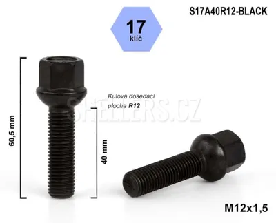 Obrázek produktu pro Kolový šroub M12x1,5x40 kulový R12, klíč 17, S17A40R12-BLACK výška 60,5 mm