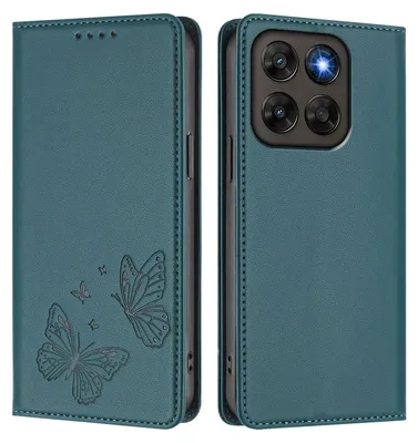 Produktbild von Lederhülle für Motorola Moto G67/Moto G77, Schmetterling Prägung Leder Brieftasche Schutzhülle mit Ständer Grün