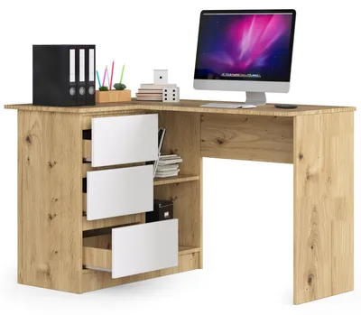 Obrázek produktu pro Rohový psací stůl 124 cm se 3 zásuvkami, počítačový stůl ve tvaru L, rohová skříňka se 2 přihrádkami