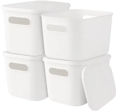 Productafbeelding van Unyqoos® Set van 4 stapelbare opbergboxen met deksel, wit, gemaakt van PP, 26 x 18 x 16 cm — veelzijdig inzetbaar, ruimtebesparend met handgrepen