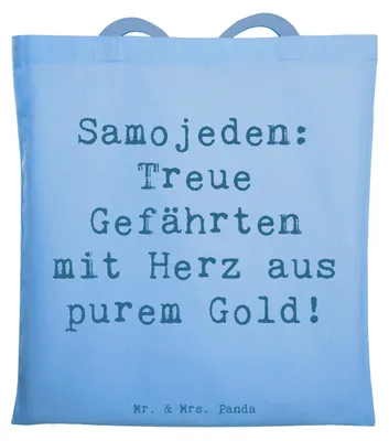 Produktbild von Mr. & Mrs. Panda Tote Bag Spruch Samojede Herz - Sky Blue - Geschenk, Hunderasse, Samojeden-Lächeln, Baumwolltasche, Einkaufstasche, Hund, Hunderassen, Samojeden, Tasche