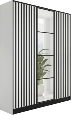 A white wardrobe with black vertical stripes and glass doors.