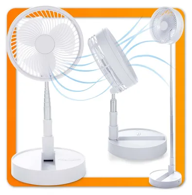 Collage of a white foldable electric fan in different positions.