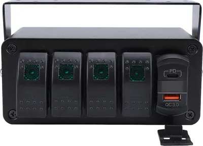Image de interrupteur à bascule 4 groupes avec chargeur USB PD Type C QC3.0 étanche universel pour voiture, camion, bateau, véhicule récréatif, véhicule tout-terrain, lumière verte