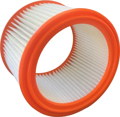 A cylindrical pleated filter with orange plastic rims on both ends, isolated on a white background.