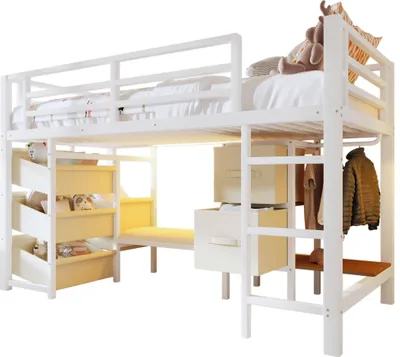 Produktbild von Hochbett mit LED-Beleuchtung, Rausfallschutz, Lattenrost, Schubladen, Leiter, Kleiderstange, Sitzbank, 90x200cm, Kinderbett, Metallbett