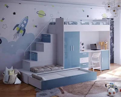 Produktbild von Etagenbett TOMI 5, Doppelstockbett Hochglanz Kinderbett Hochbett, MIT Matratze und Lattenrost (Weiss + Blau, Glanz)