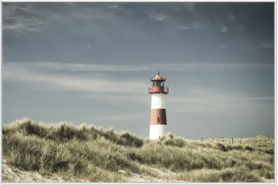 Produktbild von Wallario Wandbild Leuchtturm auf der Düne am Strand, Größe: 61 x 91,50 cm, Poster mit weißem Aluminiumrahmen