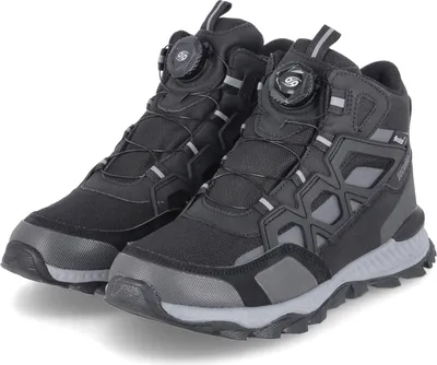 A pair of black and gray hiking boots.