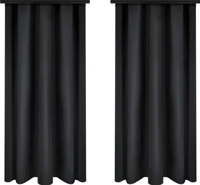 Two dark gray curtains are shown side-by-side against a white background.